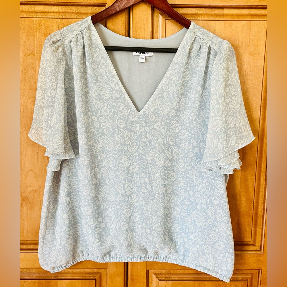 Express Light Blue Floral V-Neck Blouse - Size Large